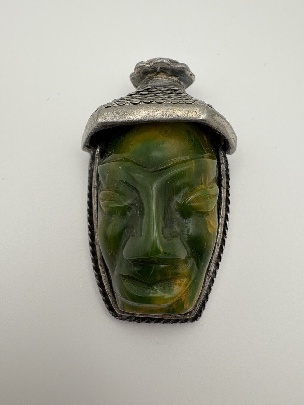 Vtg 1940s Silver Tone SANDOR Signed Bakelite Aztec Mask Fur Clip Carved Face